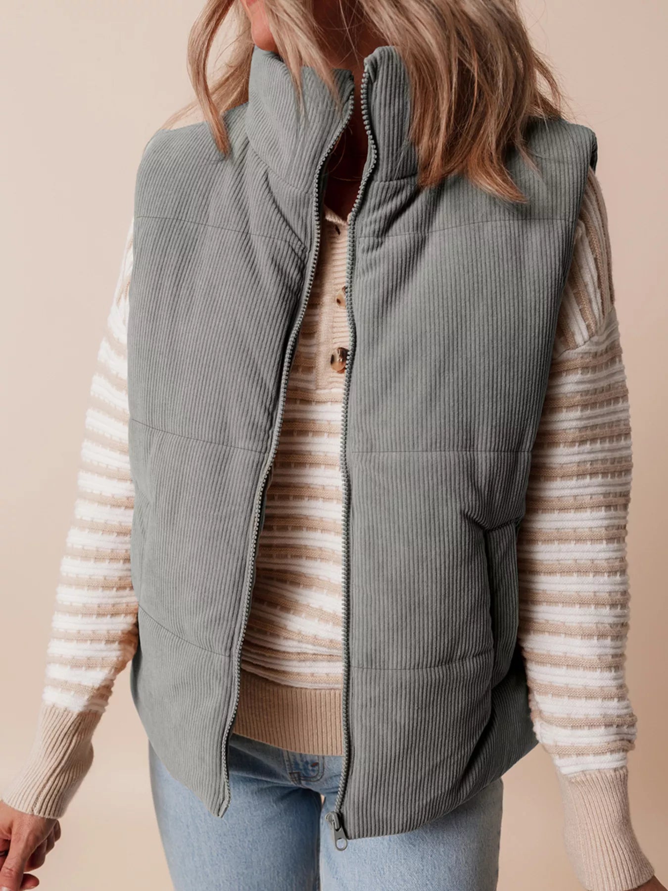 Corduroy Stand Neck Zipped Puffer Vest