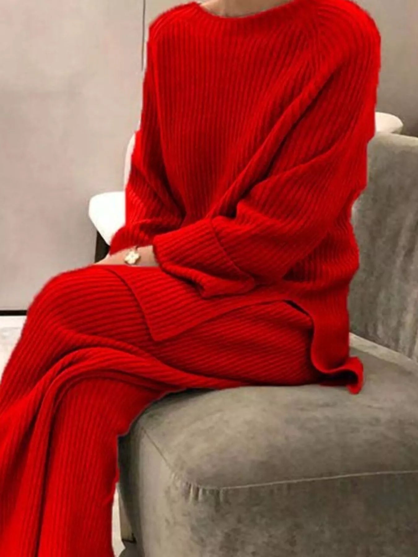 Full Size Ribbed Knit Relaxed Fit Top and Pants Sweater Set Plus Size