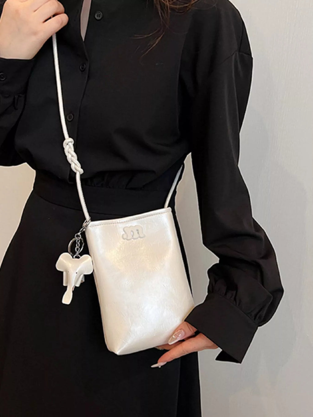 Minimalist PU Leather Crossbody Bag with Elephant Charm