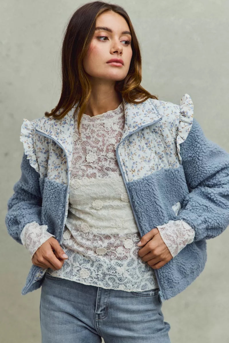 SO ME Faux Fur Sherpa Pull Jacket with Floral Contrast