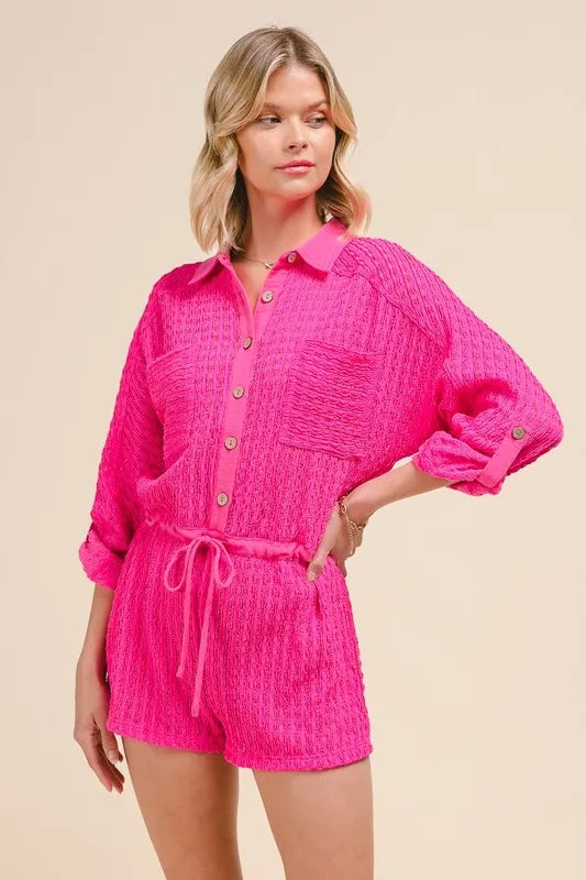 SO ME Textured Knit Button Front Romper