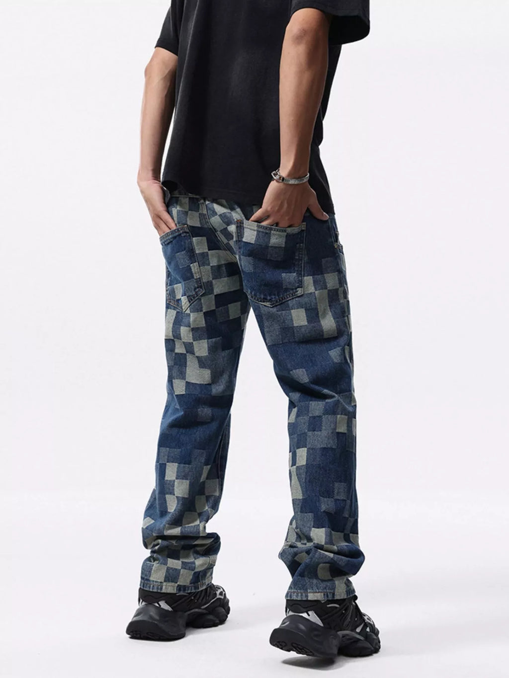Men's Checkerboard Pattern Relaxed Fit Jeans