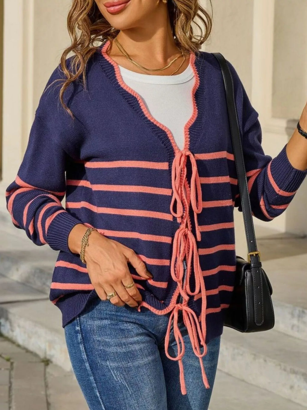 Striped Tie Front Knit Cardigan