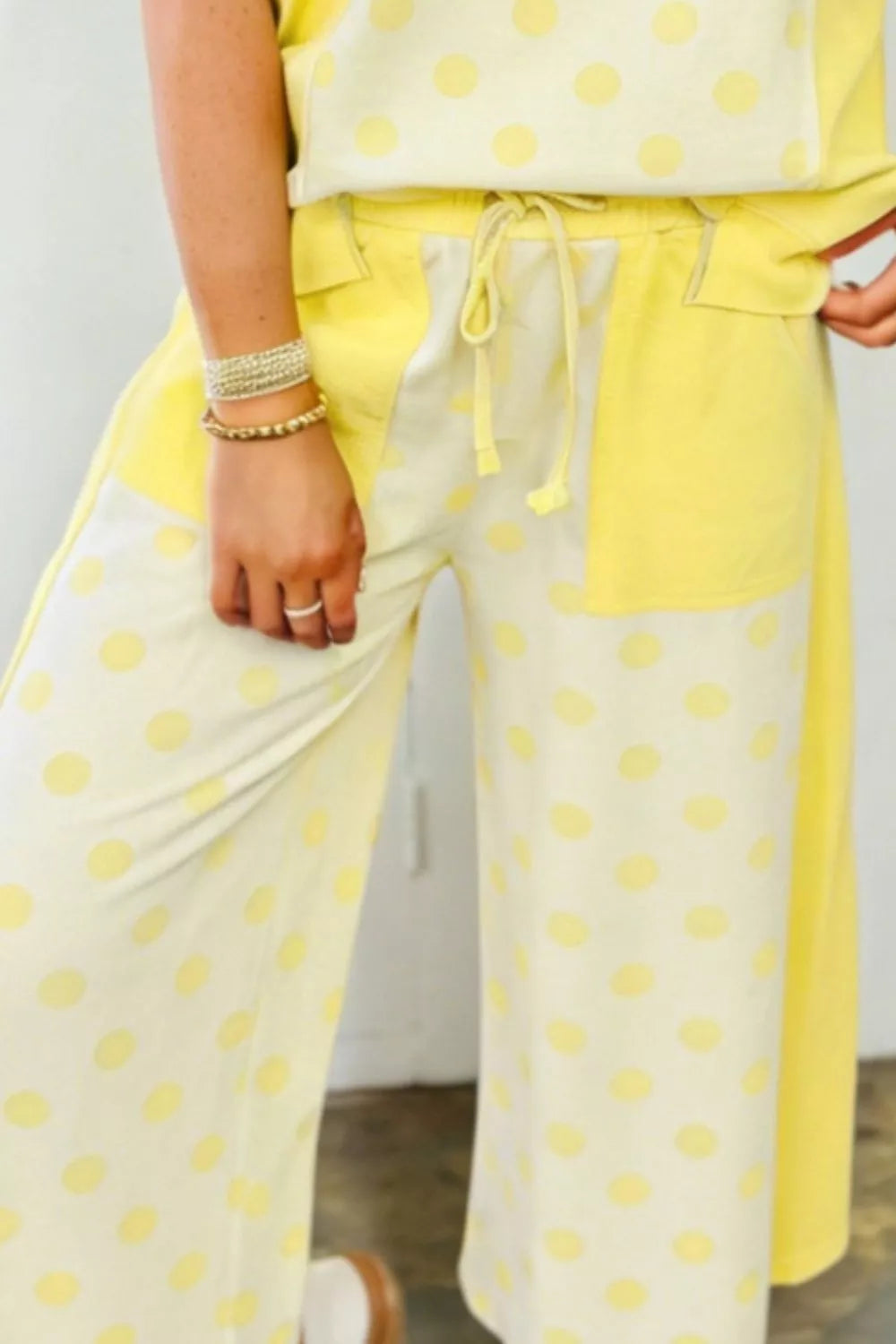 Color Block Patchwork Polka Dot Top and Wide Leg Pant Set