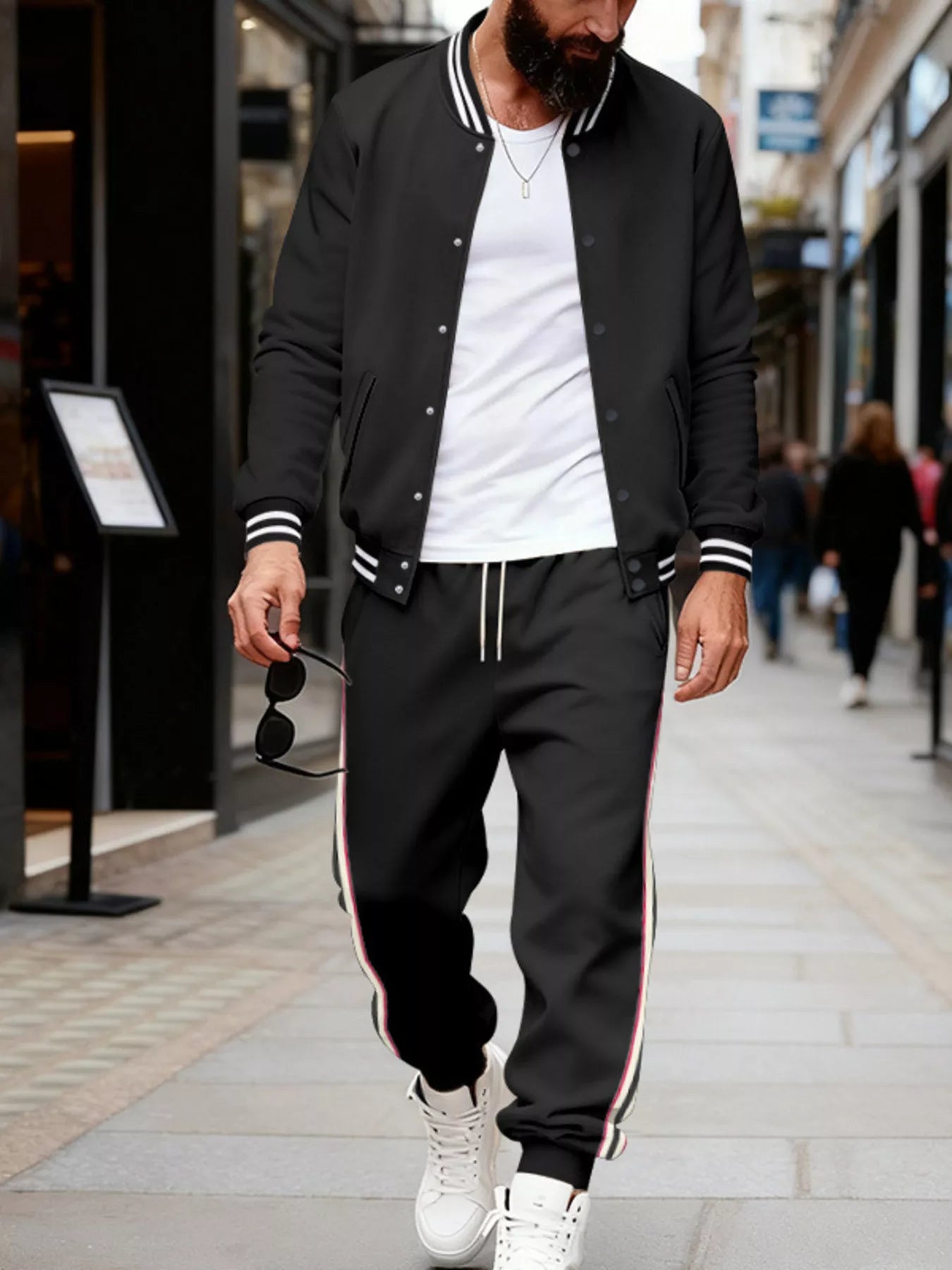 Men's Full Size Striped Snap Down Top and Pants Set Plus Size