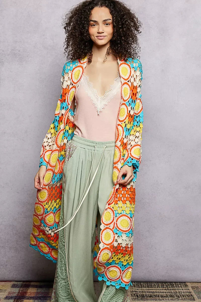 POL Scalloped Edge Open Front Crochet Cardigan with Colorful Stripe Pattern