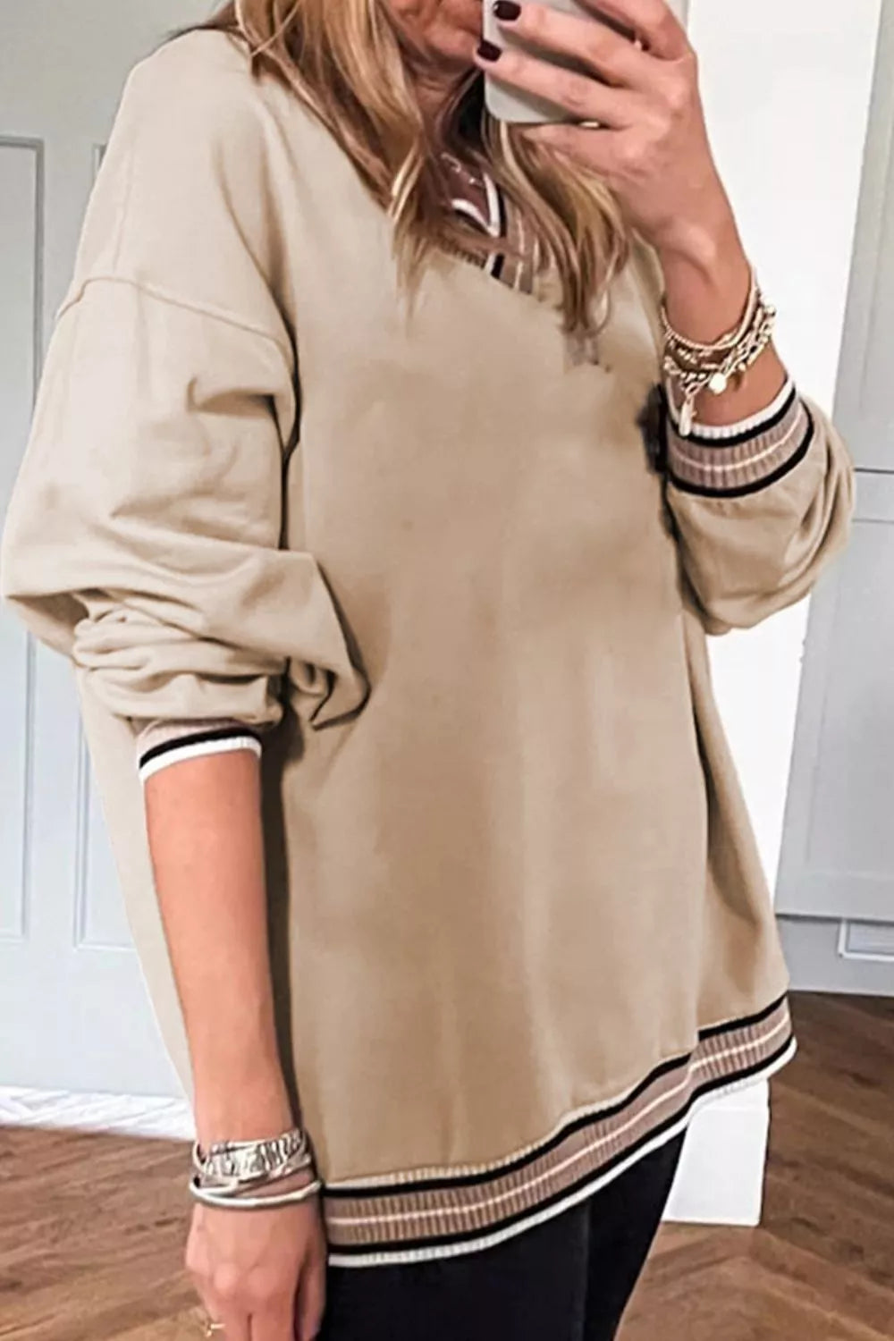 Casual V-Neck Striped Trim Pullover
