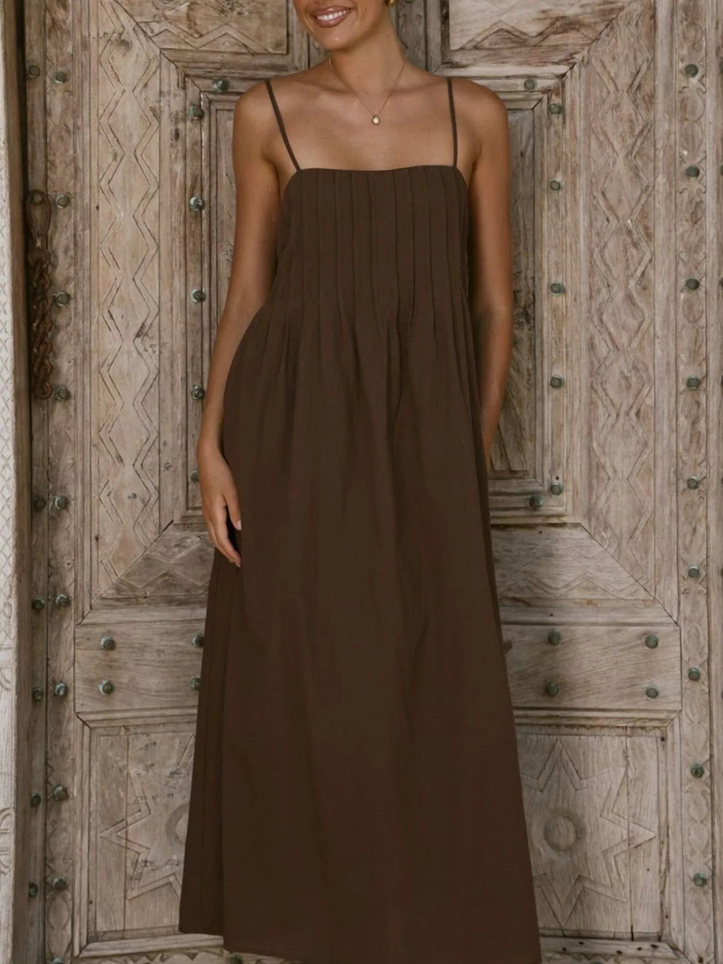 Pleated Bodice Midi Cami Dress