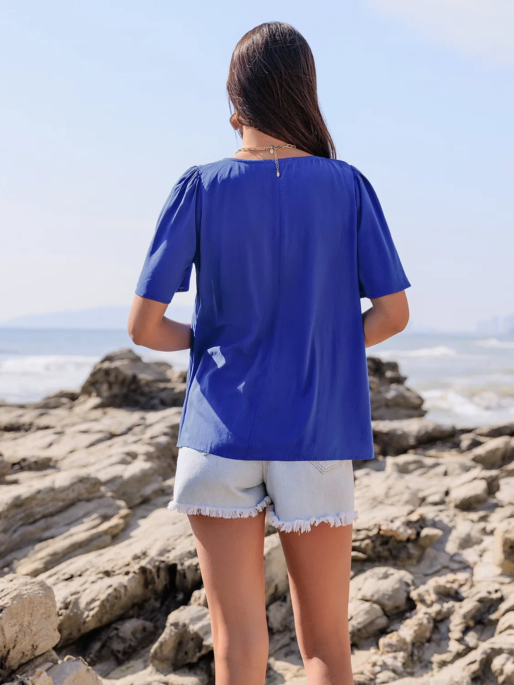 Lace Detail Tie Neck Short Sleeve Top