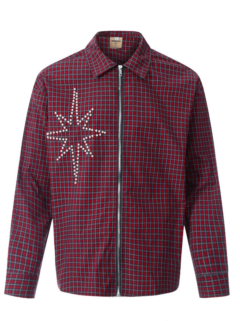 Men's Pearl Embellished Plaid Zip-Up Shirt