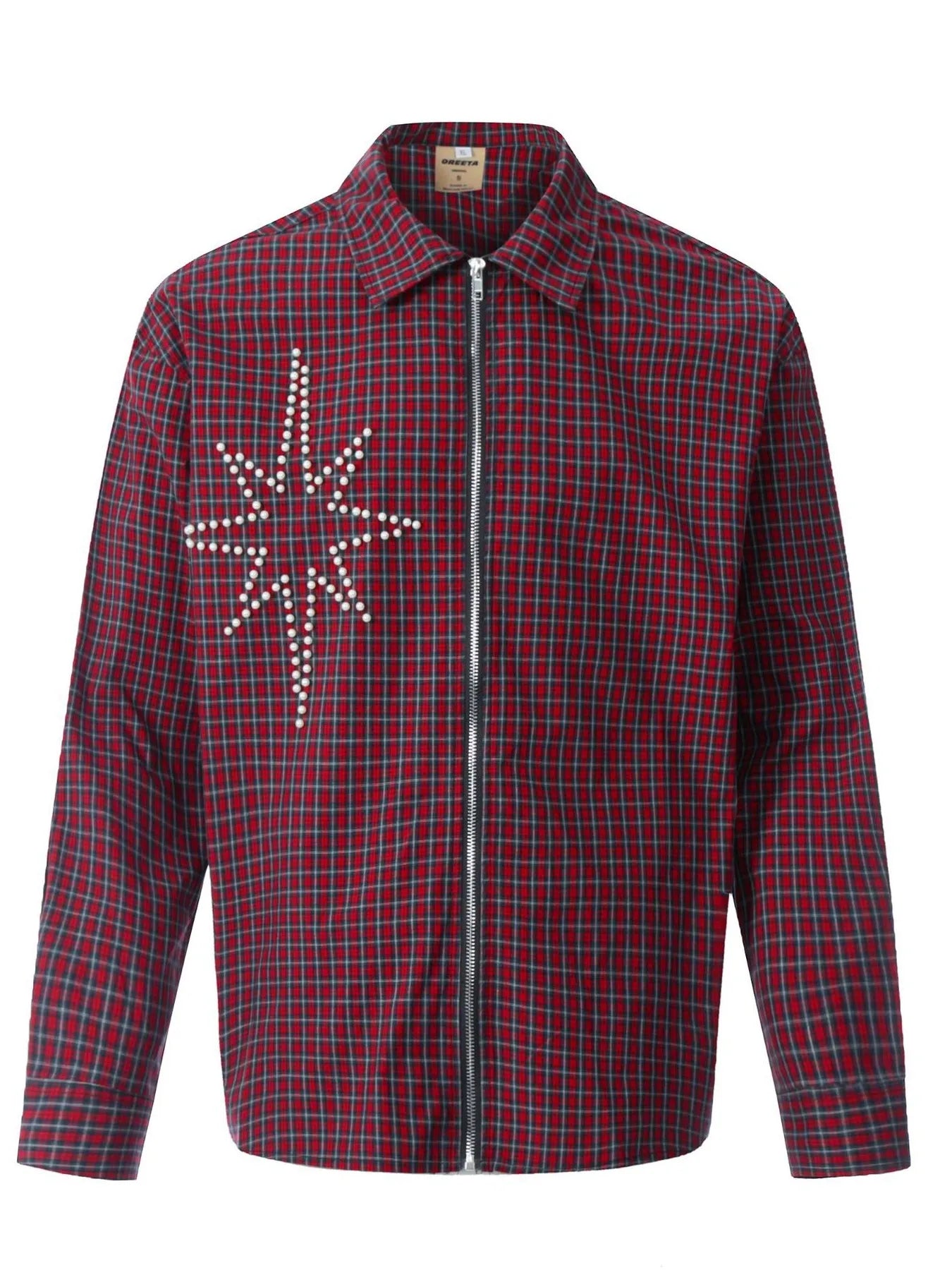 Men's Pearl Embellished Plaid Zip-Up Shirt