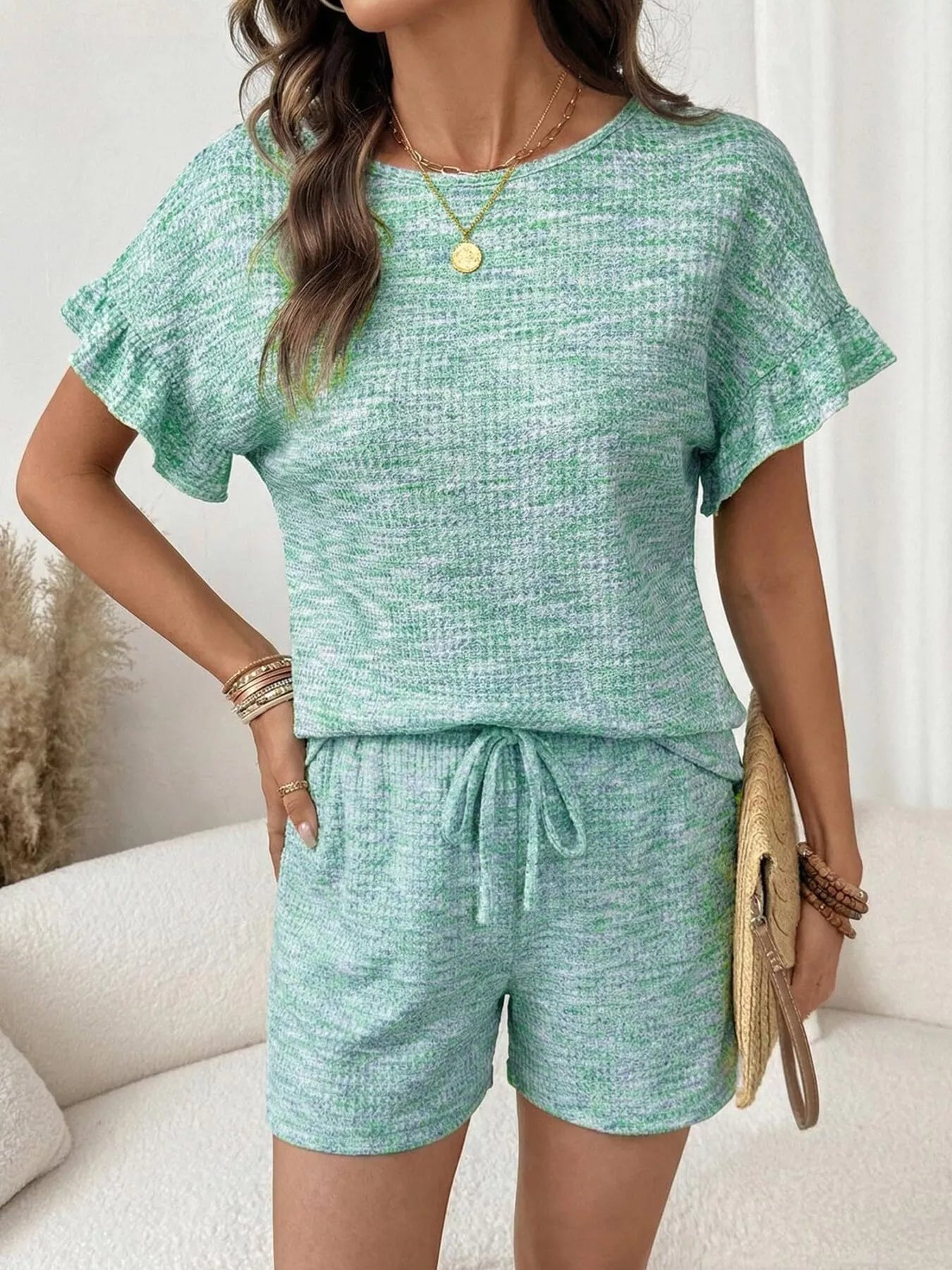 Ruffle Sleeve Textured Top and Shorts Set
