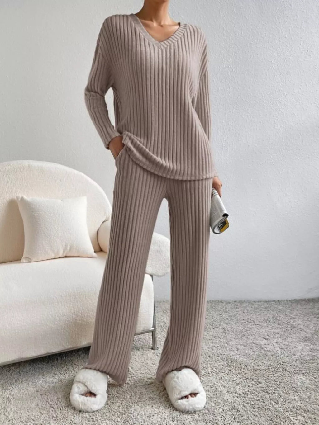 Ribbed Knit V-Neck Top and Pants Set