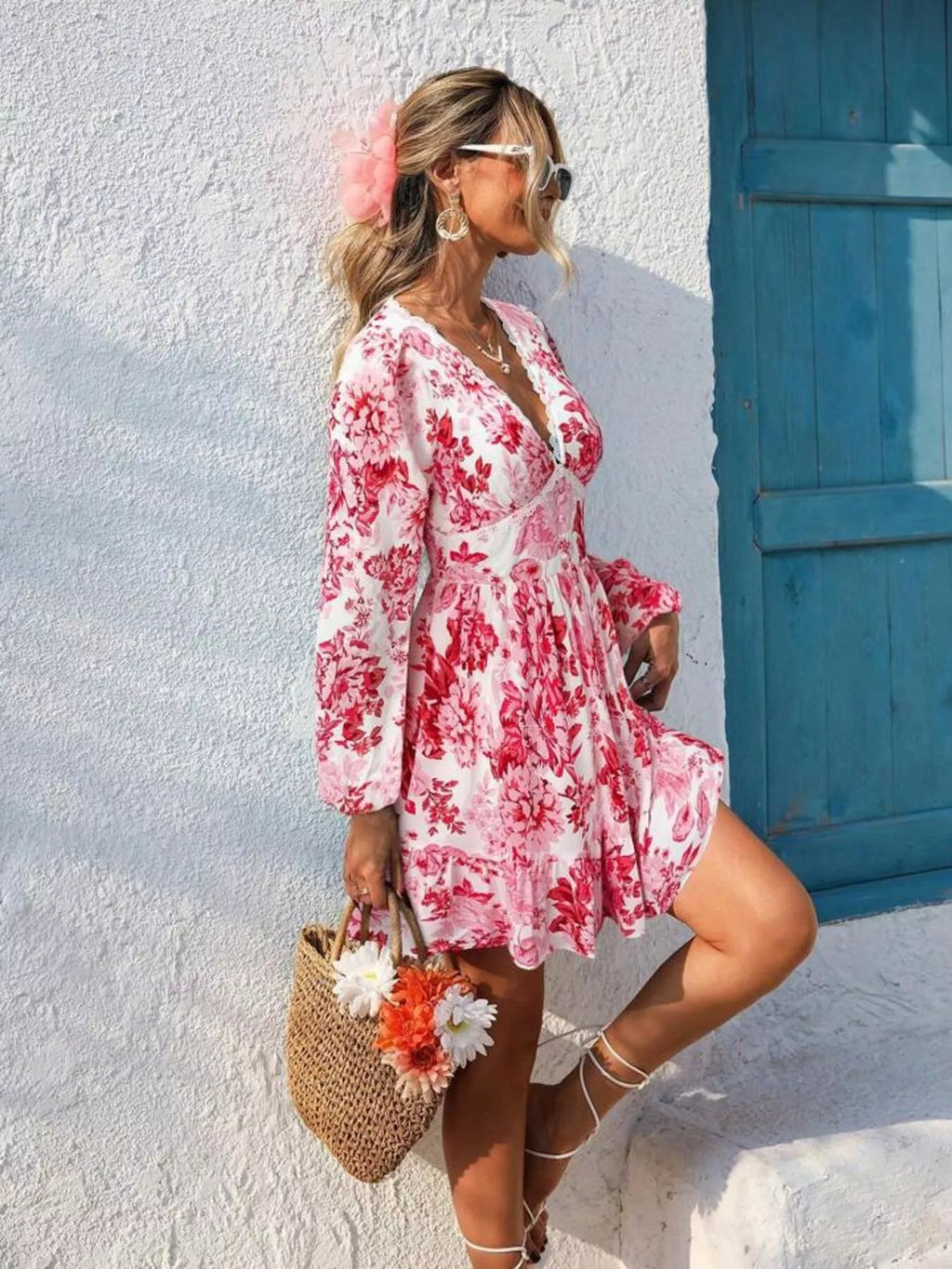Full Size Floral Print V-Neck Long Sleeve Ruffle Hem Mini Dress Plus Size