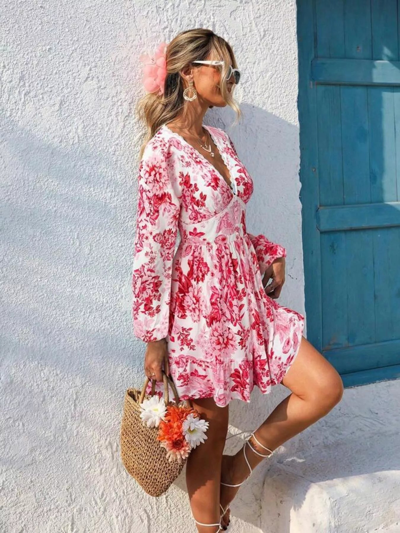 Full Size Floral Print V-Neck Long Sleeve Ruffle Hem Mini Dress Plus Size