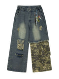 Men's Distressed Camouflage Patchwork Wide Leg Jeans