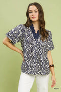 Umgee Printed Puff Sleeve Ruffle Neck Top