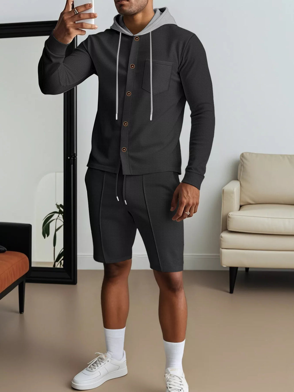 Men's Full Size Casual Hooded Button-Up Top and Shorts Set Plus Size
