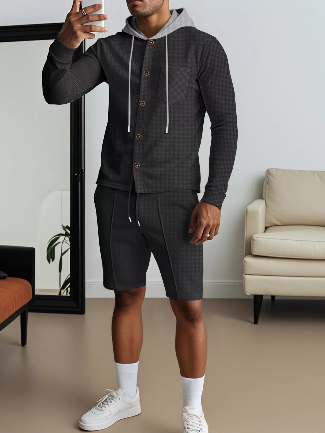 Men's Full Size Casual Hooded Button-Up Top and Shorts Set Plus Size