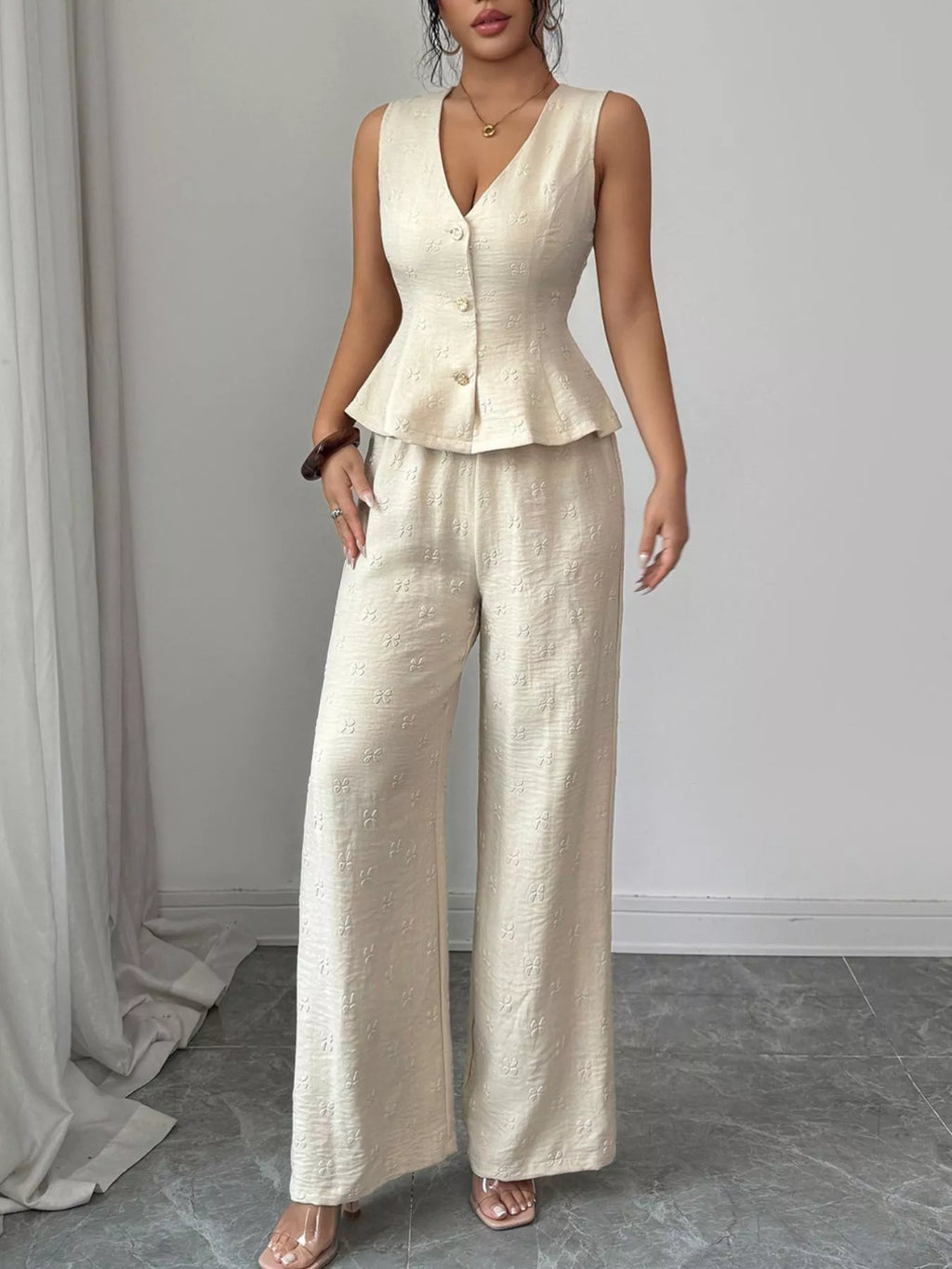Sleeveless Peplum Top and Wide Leg Pants Set