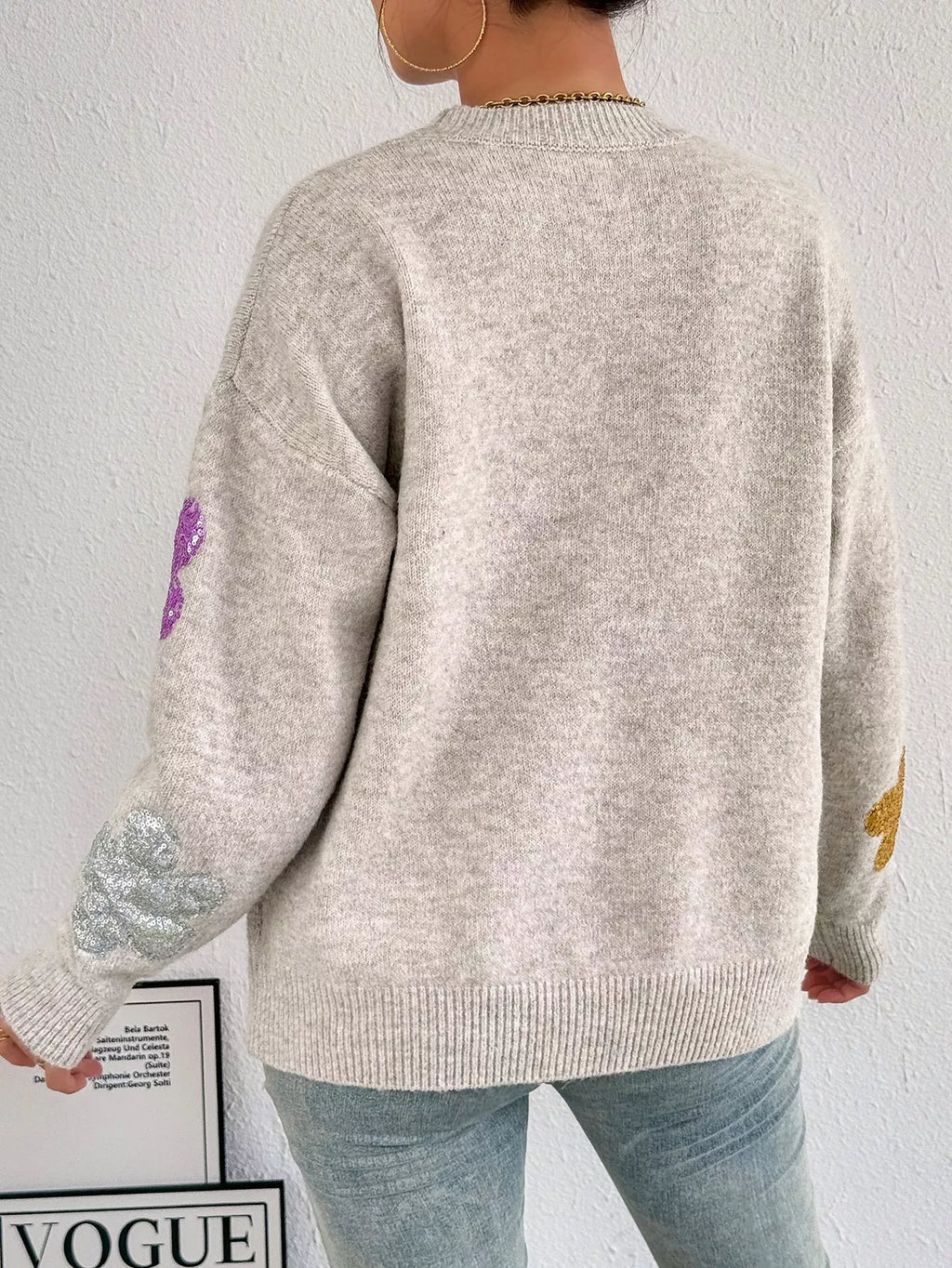 Sequined Floral Round Neck Sweater
