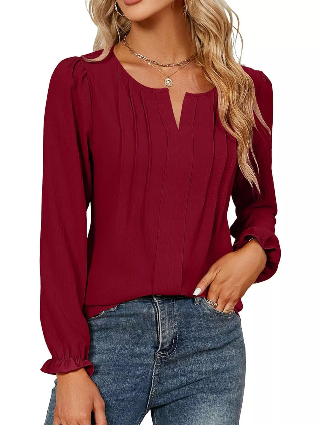 Notched Ruffle Cuff Blouse