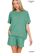Zenana Soft Melange Short Sleeve Tee and Shorts Set