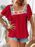 Embroidered Square Neck Flutter Sleeve Blouse