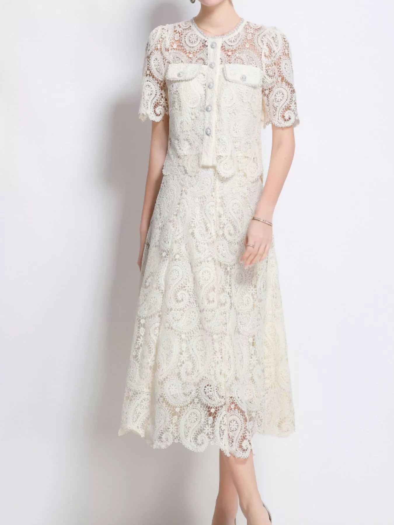 Lace Button Up Top and Skirt Set