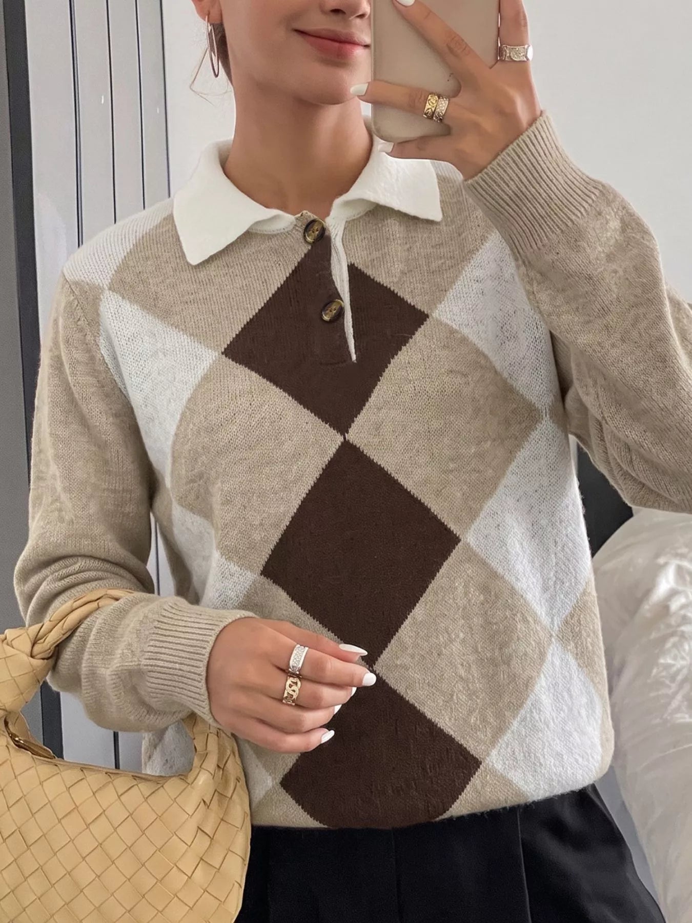 Argyle Patterned Polo Collar Sweater
