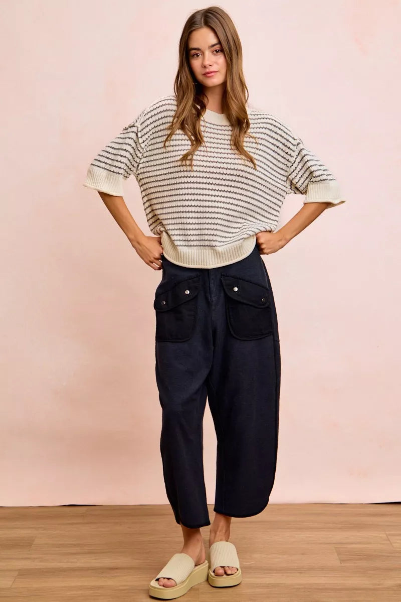 BiBi Stripes Short Sleeves Rib Banded Outseam Knit Top