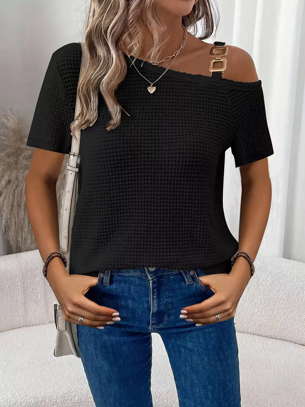 One-Shoulder Chain Detail Waffle Knit T-Shirt