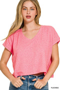 Zenana Soft Melange V-neck Drop Shoulder Cropped Top
