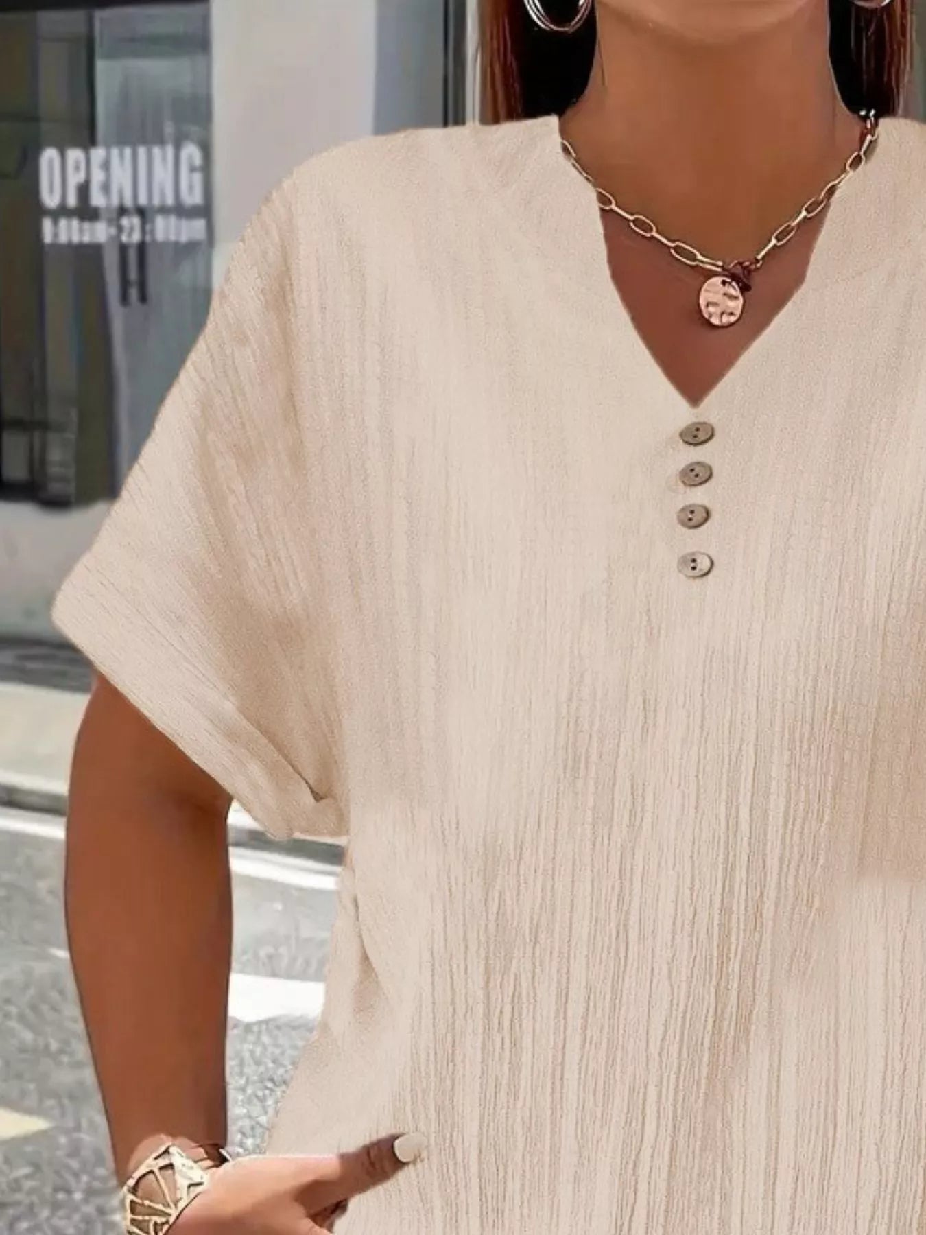 Plus Size Notched Short Sleeve Textured Top