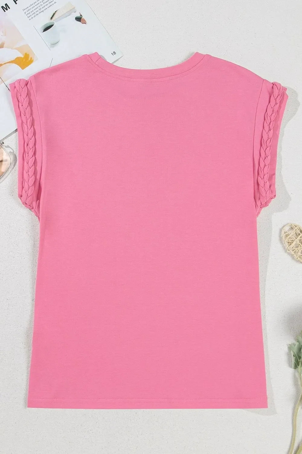 Braided Cap Sleeve Crew Neck T Shirt