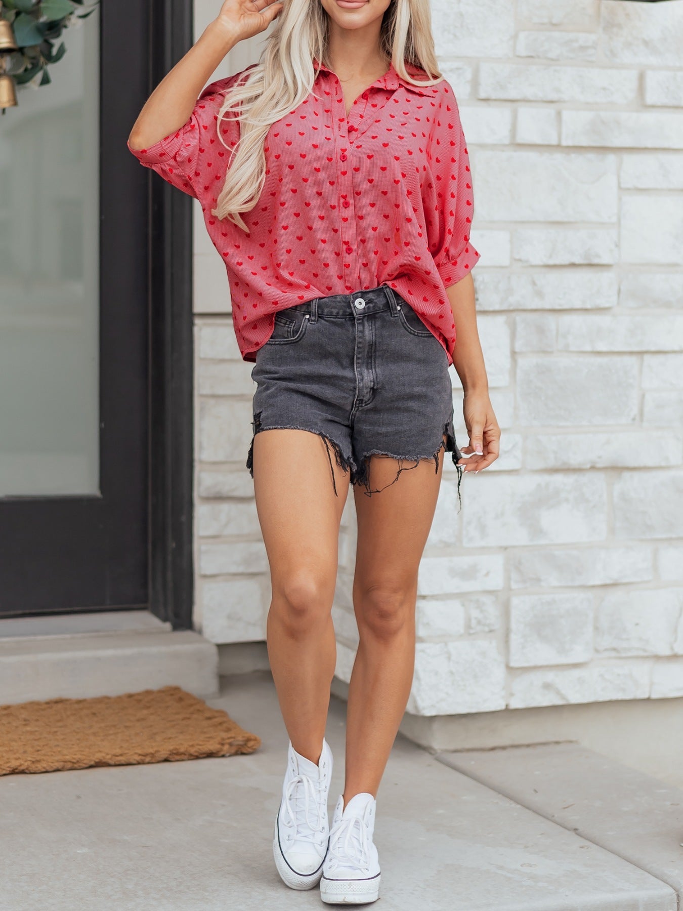 Heart Print Button-Down Shirt