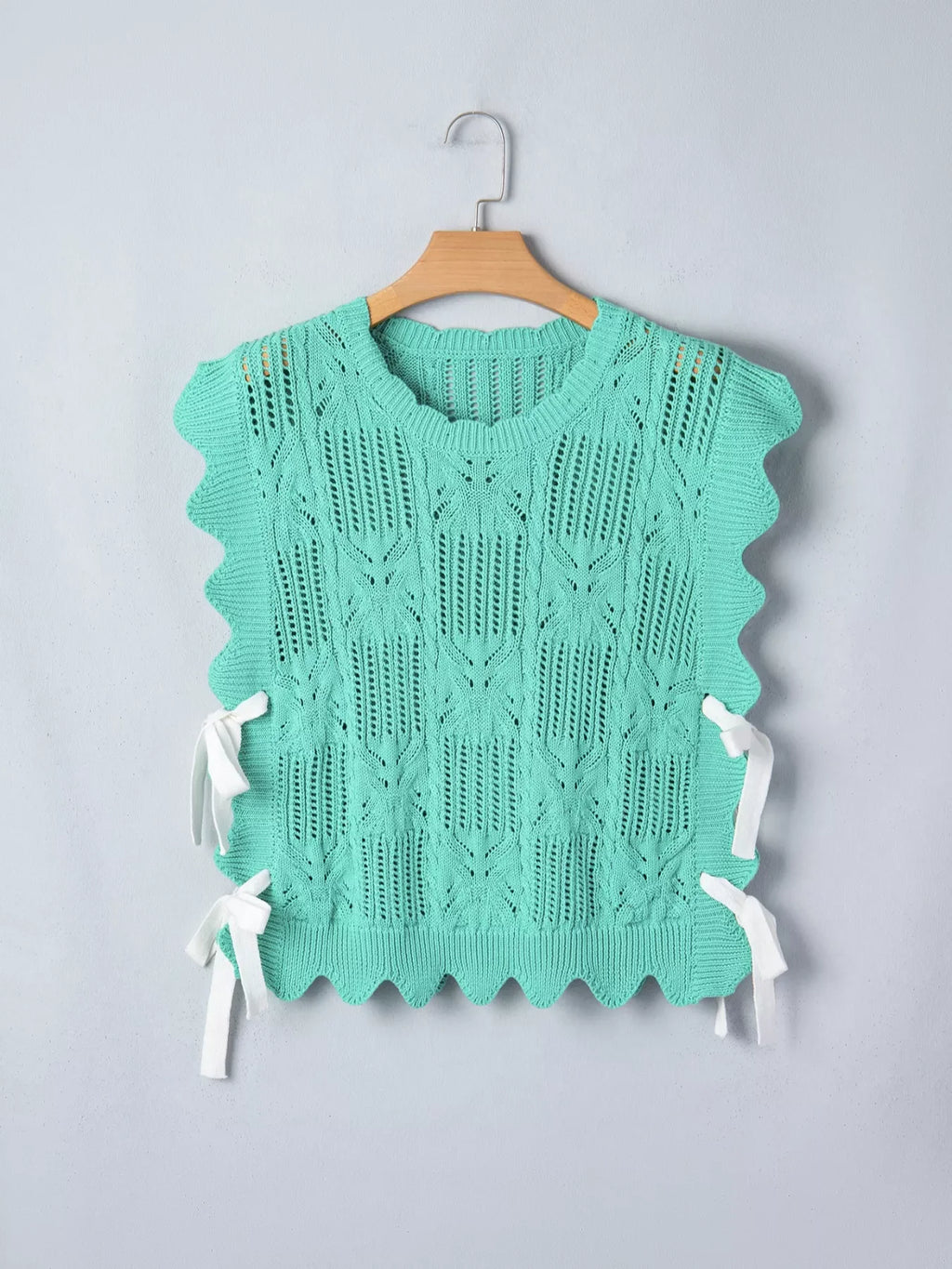 Pointelle Knit Patterned Scalloped Trim Short Sleeve Sweater