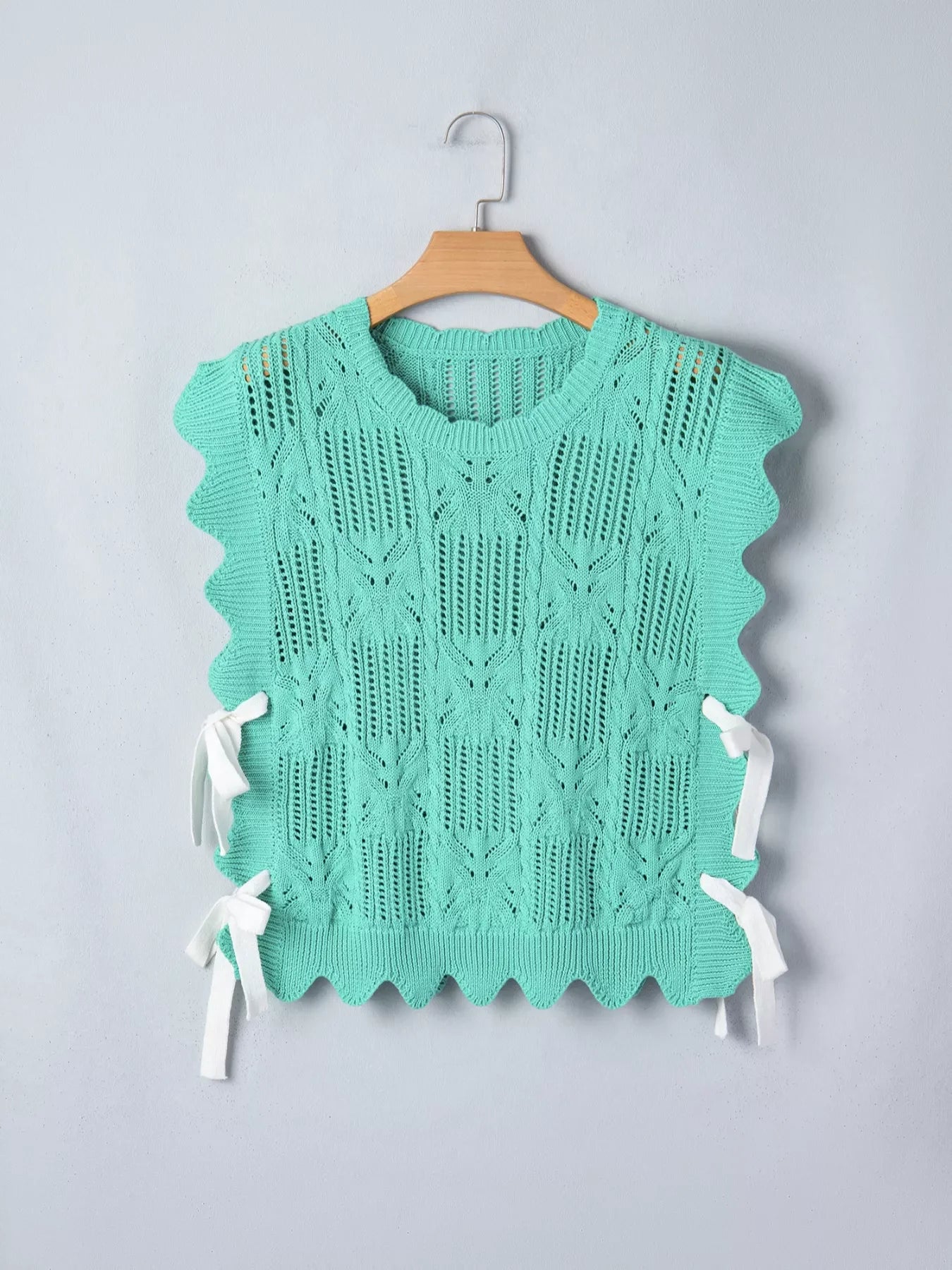 Pointelle Knit Patterned Scalloped Trim Short Sleeve Sweater
