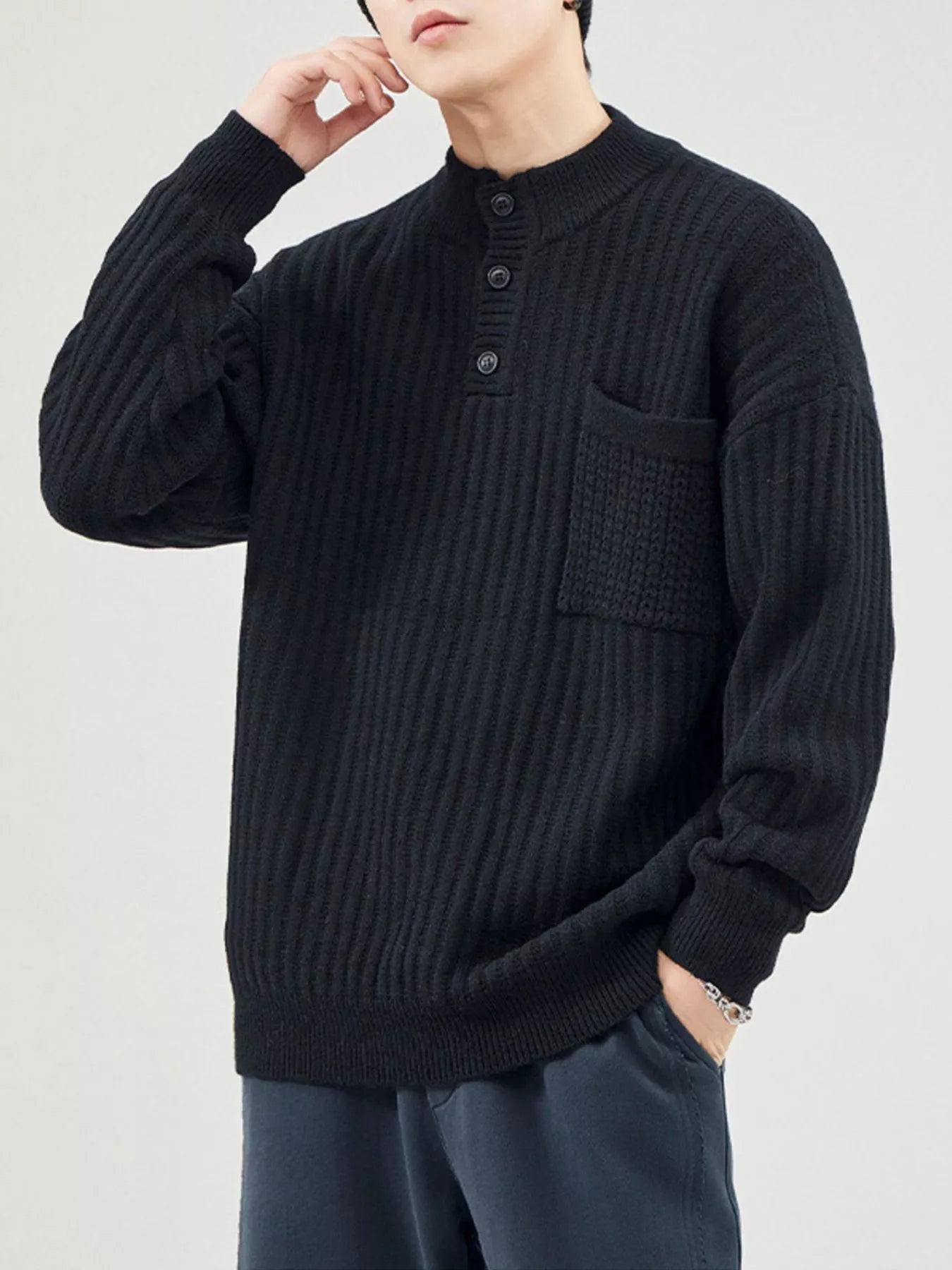 Men's Full Size Button Detail Long Sleeve Sweater Plus Size