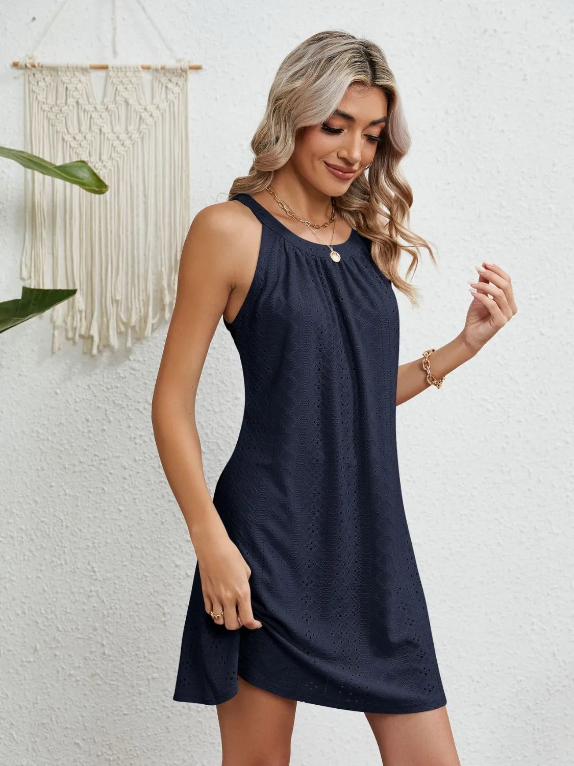Eyelet Round Neck Sleeveless Dress