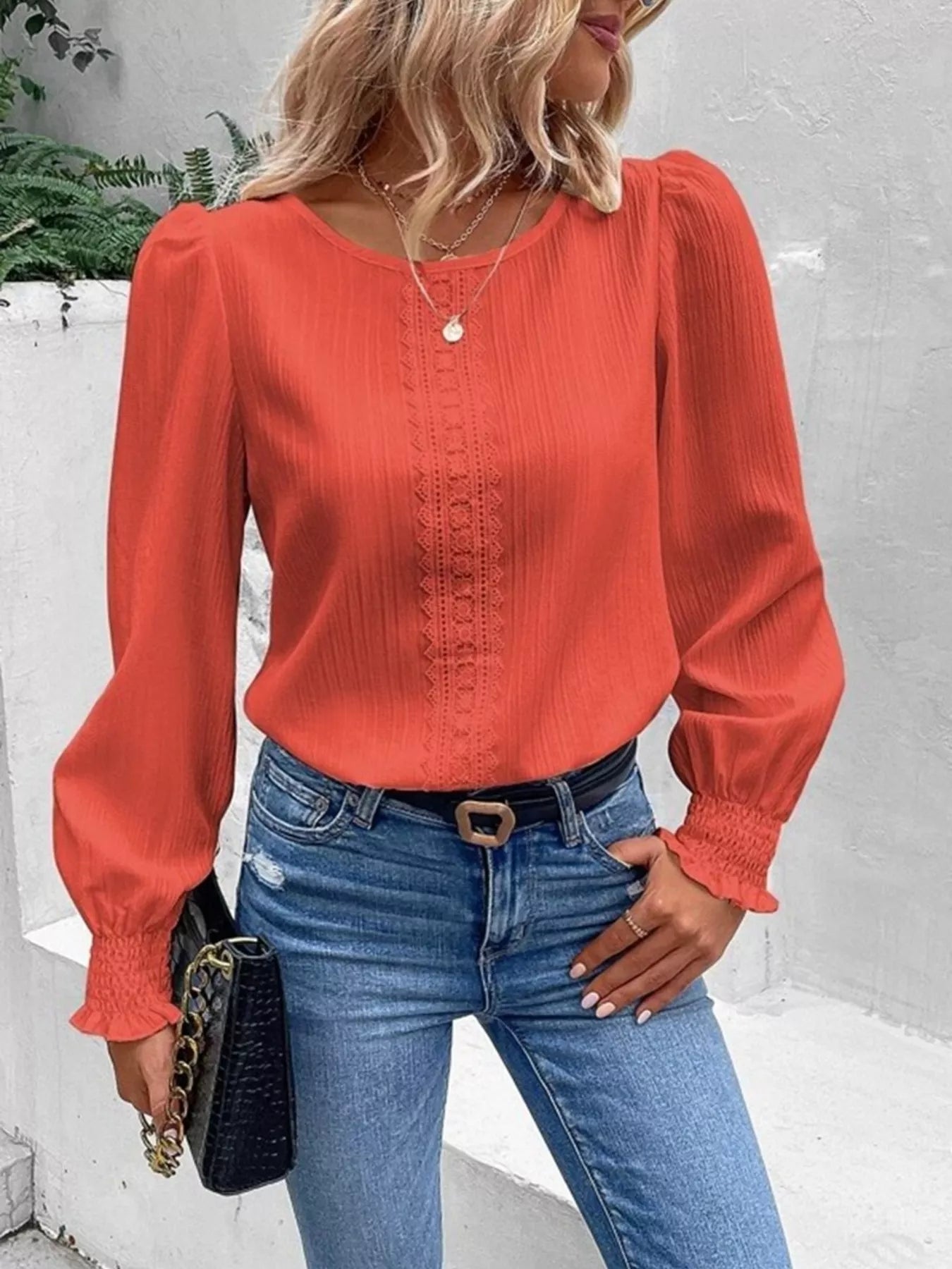 Lace Trim Long Sleeve Blouse
