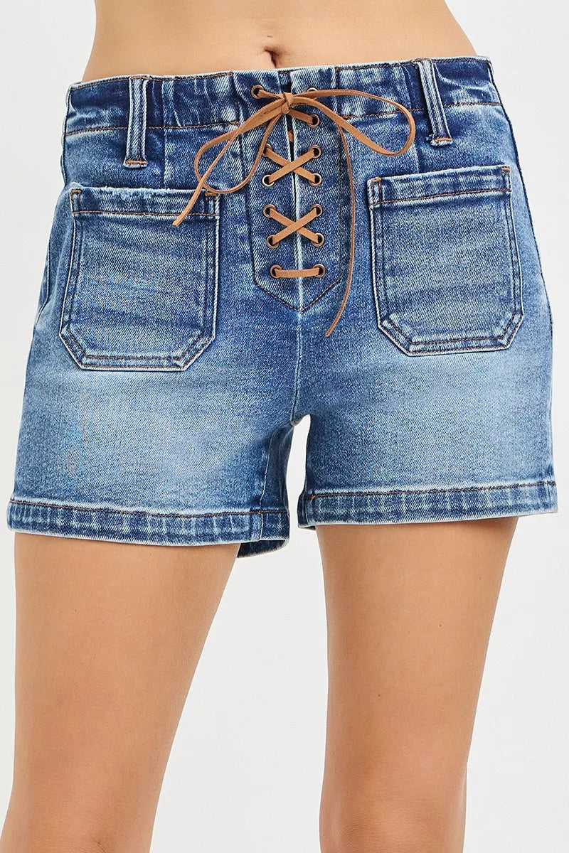 RISEN High Rise Front Tie Up Shorts with Patch Pockets