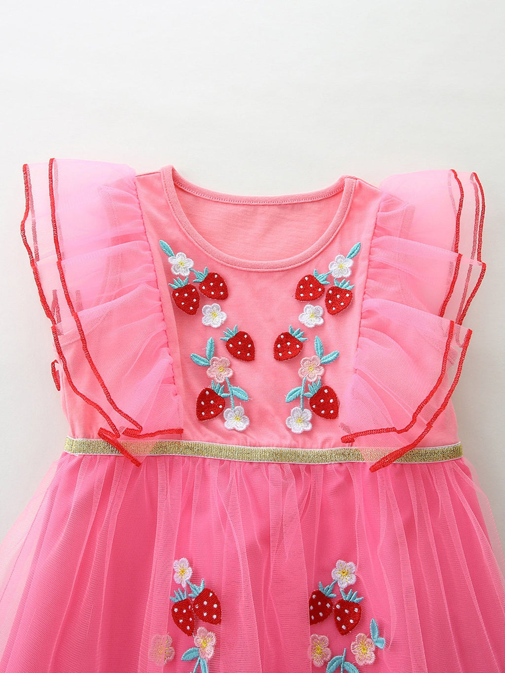 Children's Strawberry Embroidered Ruffle Sleeve Tulle Dress