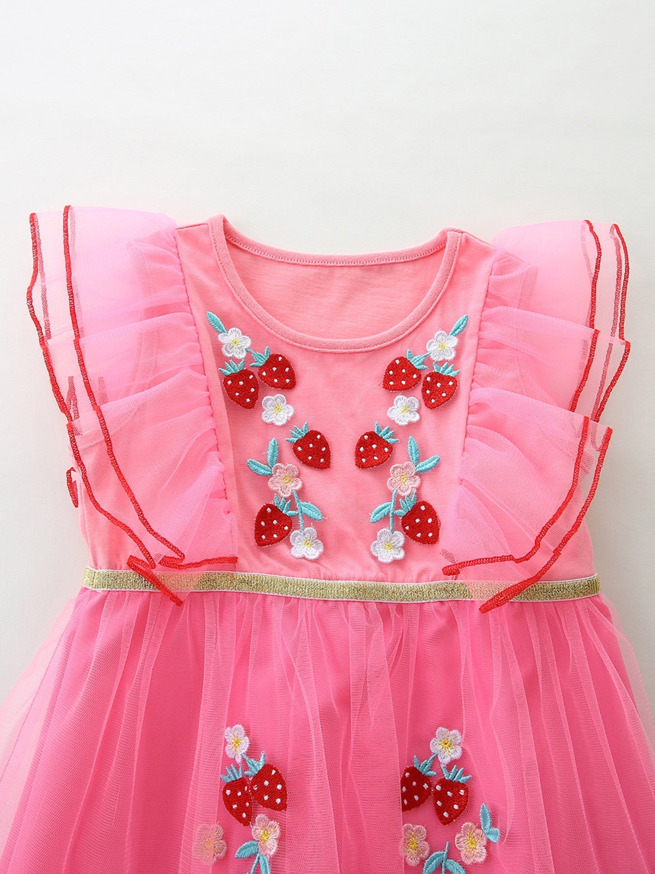 Children's Strawberry Embroidered Ruffle Sleeve Tulle Dress