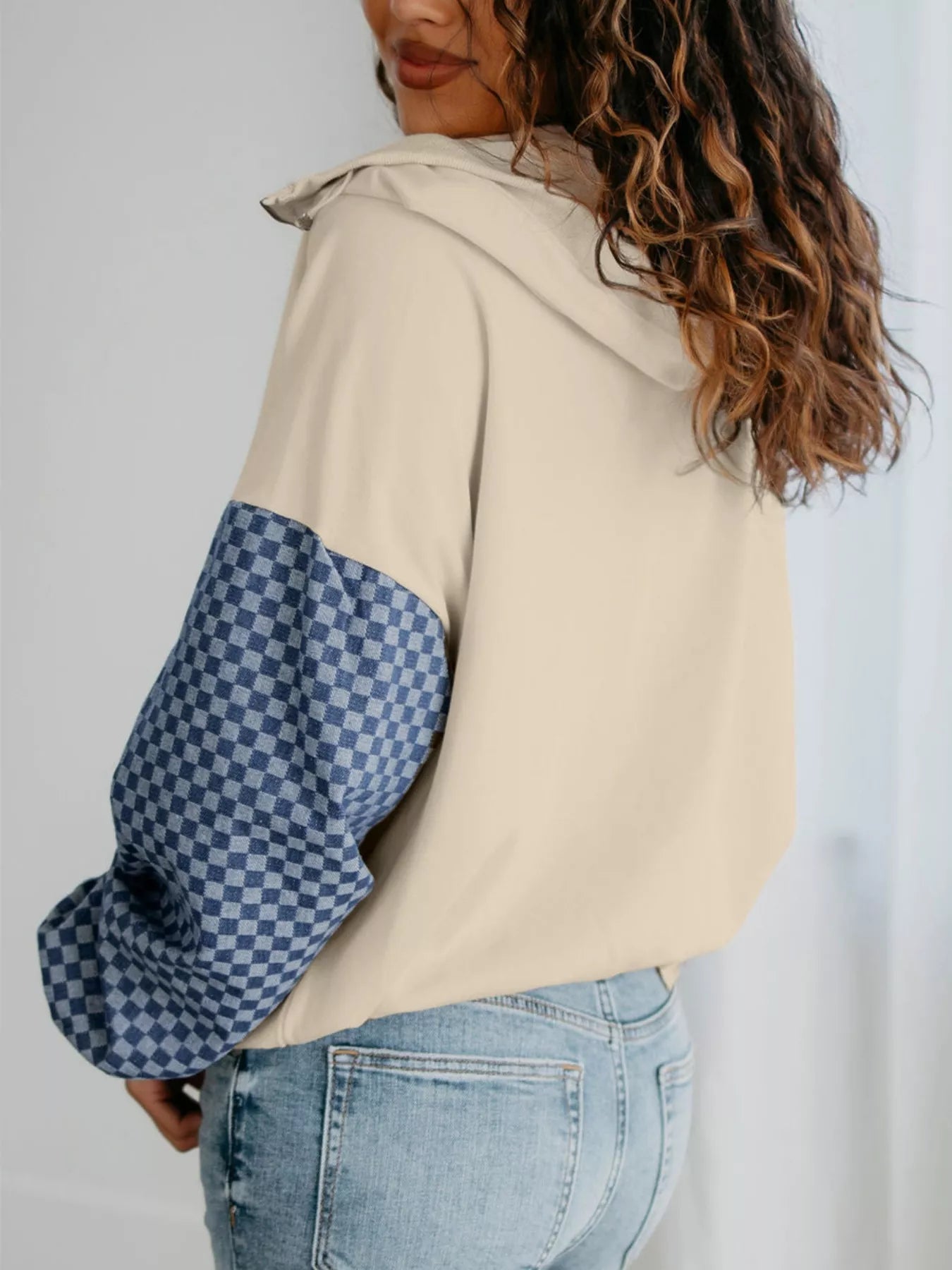 Checkered Color Block Half Zip Sweatshirt