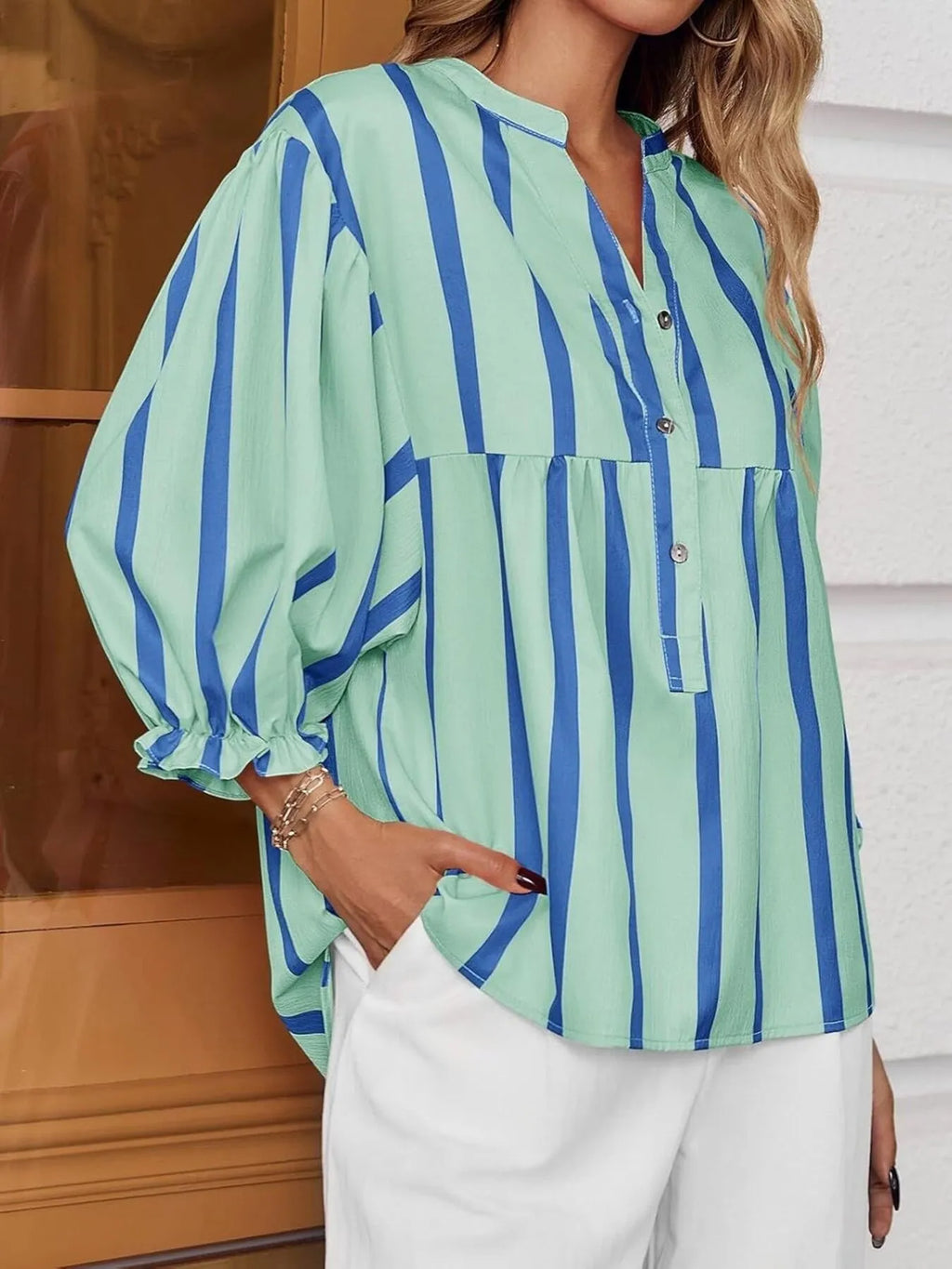 Striped Button Front Notched Blouse