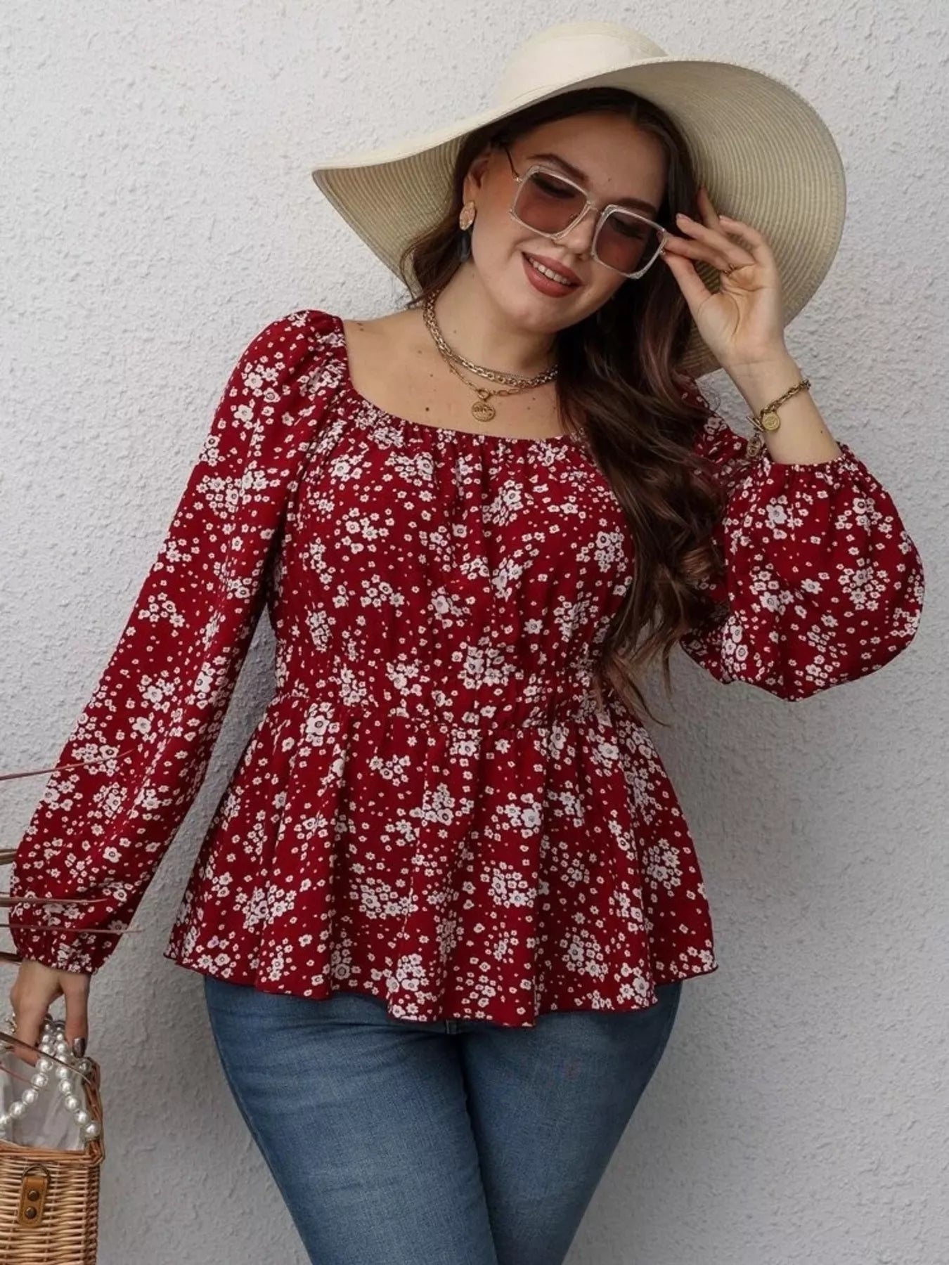 Floral Print Square Neck Long Sleeve Peplum Blouse