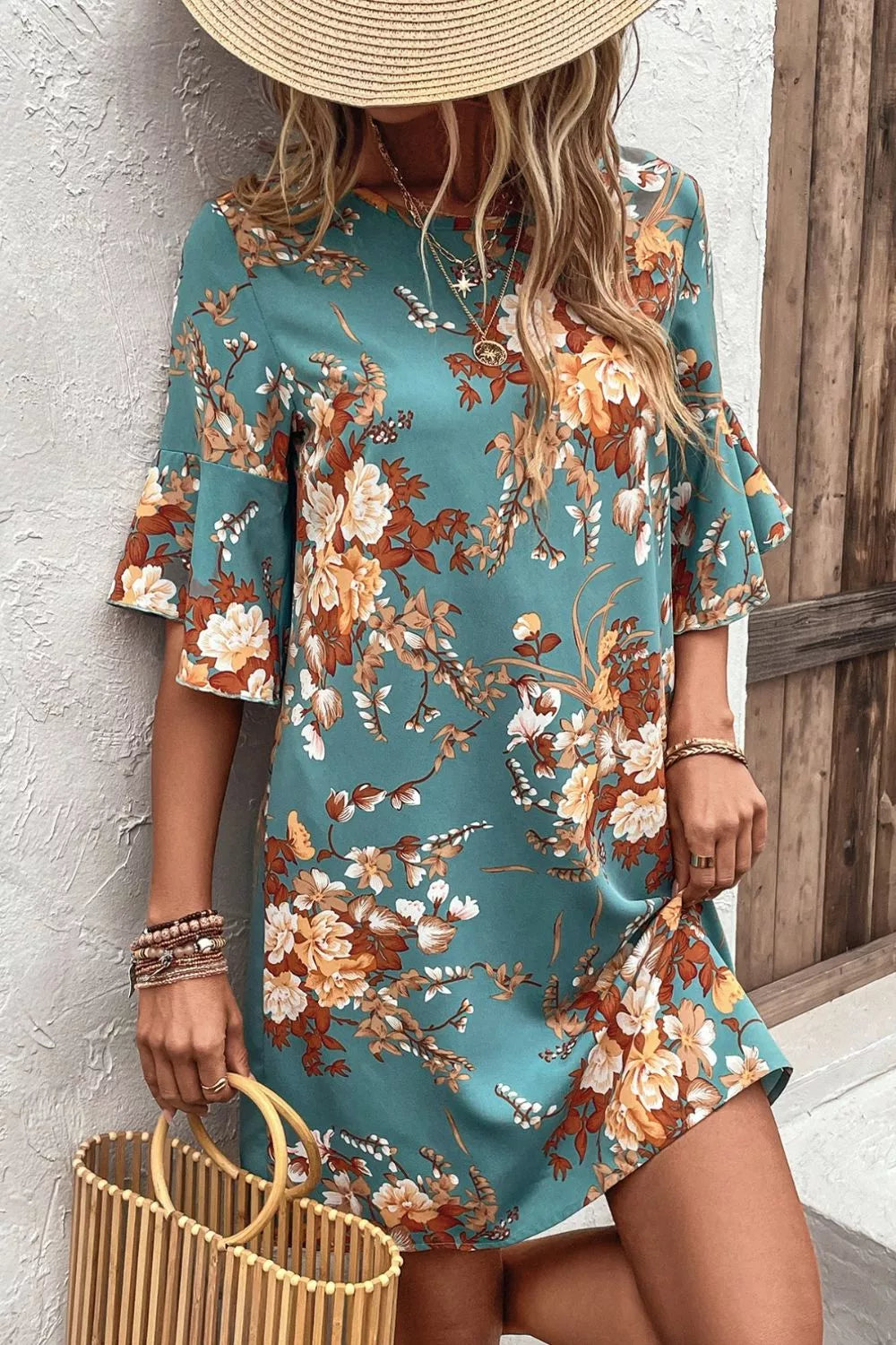 Floral Print Flounce Sleeve Casual Dress
