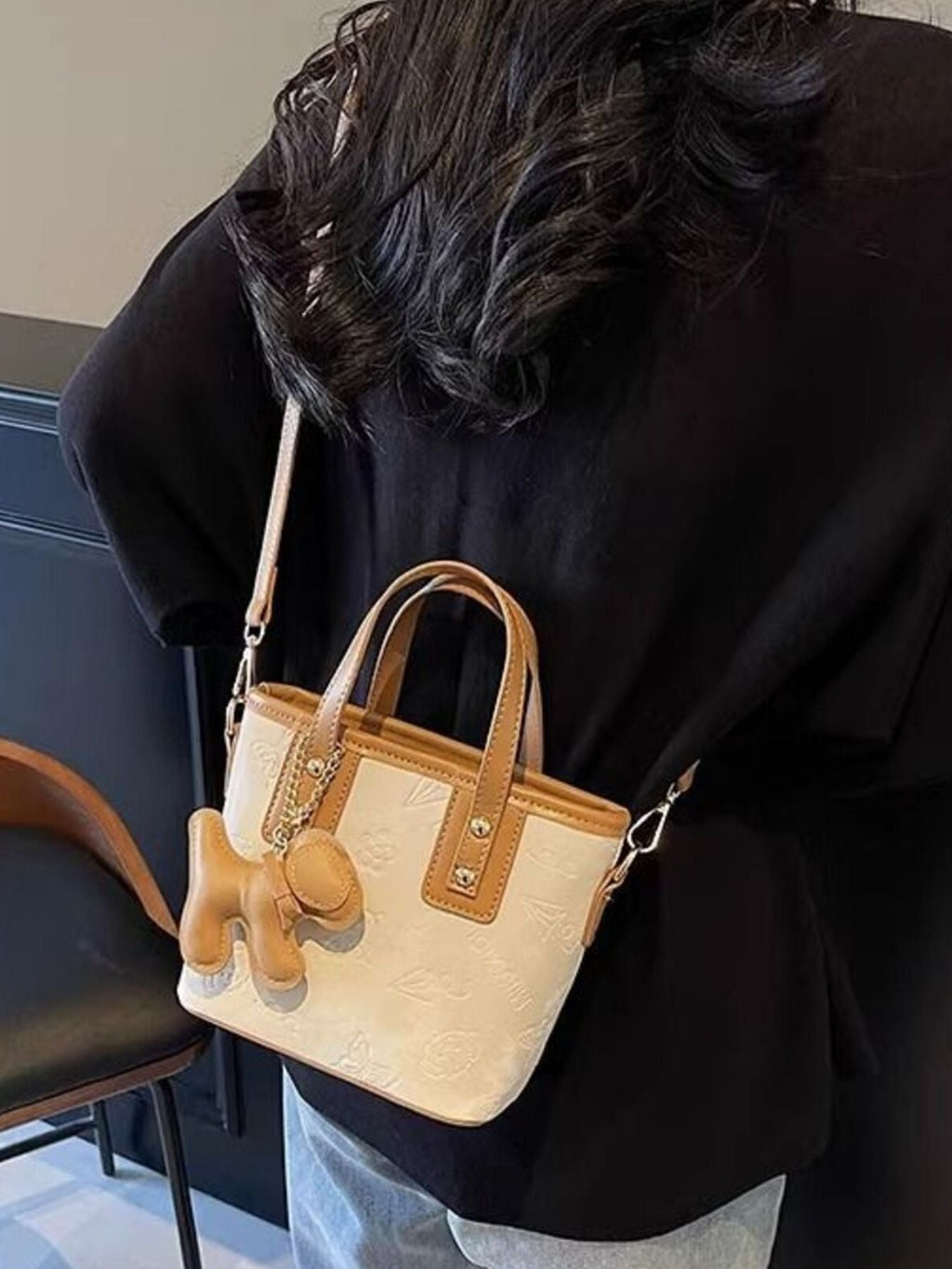 Embossed Pattern Crossbody Bag with Dog Charm