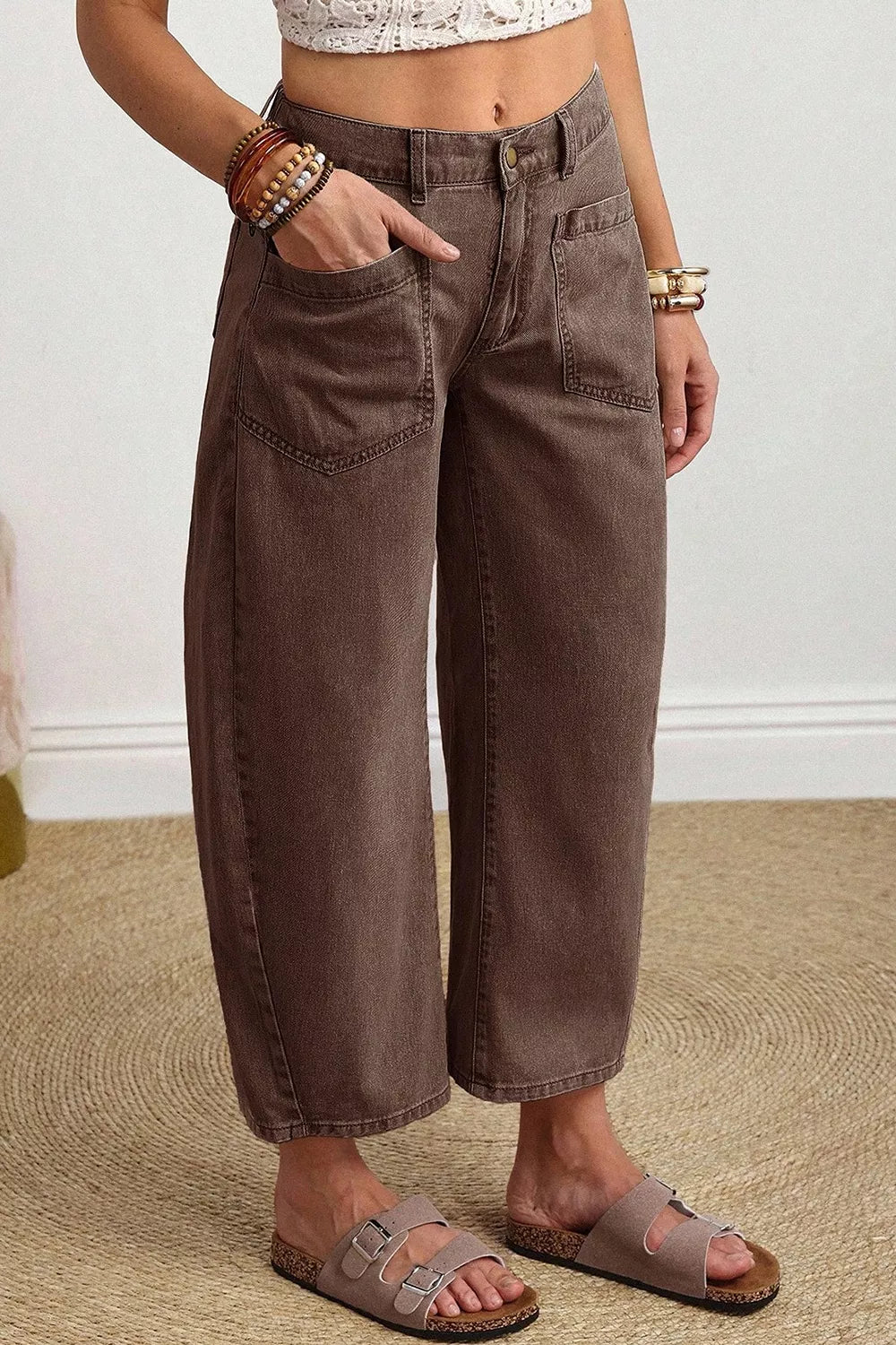 Solid Color Square Patch Pocket Ankle-length Barrel Jeans